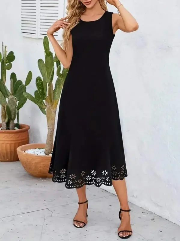 Women's Sleeveless Laser Cut Hem Floral Pattern Midi Imported Crepe Dress - BÜYÜKBEDENIZ
