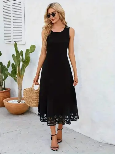 Women's Sleeveless Laser Cut Hem Floral Pattern Midi Imported Crepe Dress - 3