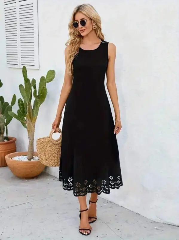 Women's Sleeveless Laser Cut Hem Floral Pattern Midi Imported Crepe Dress - 3