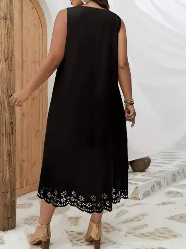 Women's Sleeveless Laser Cut Hem Floral Pattern Midi Imported Crepe Dress - 6