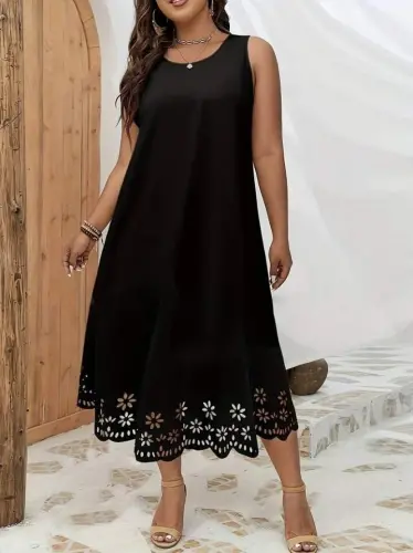 Women's Sleeveless Laser Cut Hem Floral Pattern Midi Imported Crepe Dress - 7