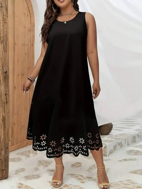 Women's Sleeveless Laser Cut Hem Floral Pattern Midi Imported Crepe Dress - 7