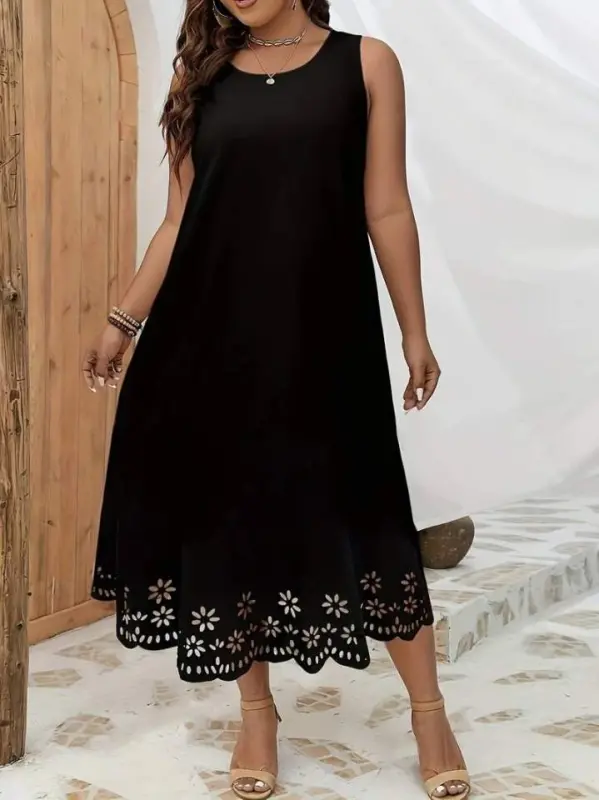 Women's Sleeveless Laser Cut Hem Floral Pattern Midi Imported Crepe Dress - 8