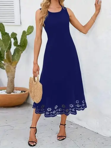 Women's Sleeveless Laser Cut Hem Floral Pattern Midi Imported Crepe Dress - 1