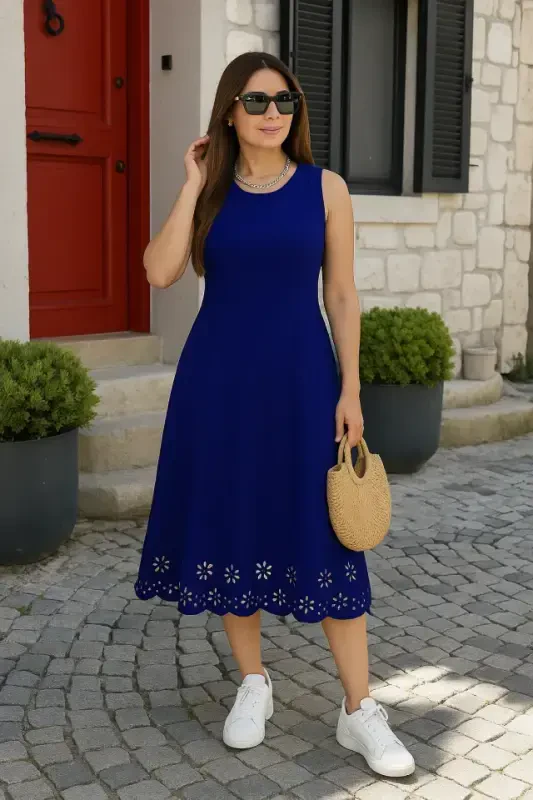 Women's Sleeveless Laser Cut Hem Floral Pattern Midi Imported Crepe Dress - 1