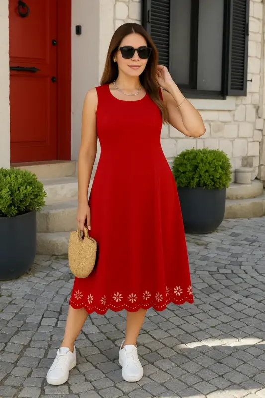 Women's Sleeveless Laser Cut Hem Floral Pattern Midi Imported Crepe Dress - 1