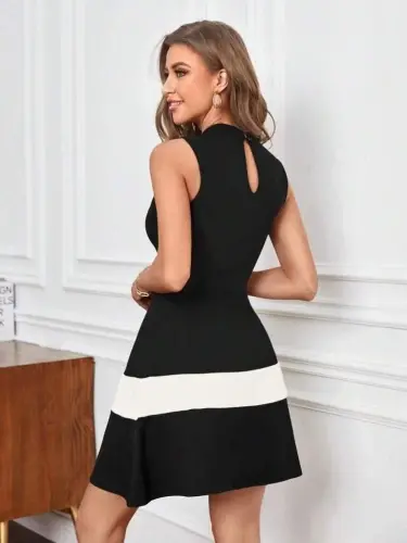 Women's Sleeveless Mock Neck Striped Detail Imported Crepe Dress - 3