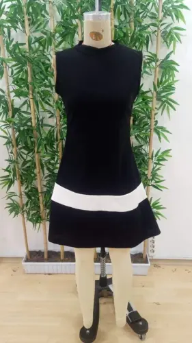 Women's Sleeveless Mock Neck Striped Detail Imported Crepe Dress - 6