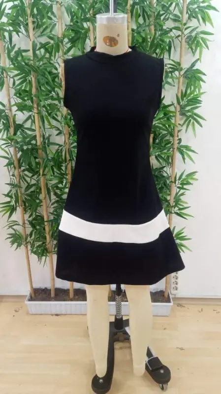 Women's Sleeveless Mock Neck Striped Detail Imported Crepe Dress - 6