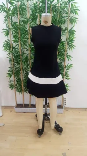 Women's Sleeveless Mock Neck Striped Detail Imported Crepe Dress - 8