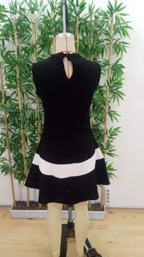 Women's Sleeveless Mock Neck Striped Detail Imported Crepe Dress - 9