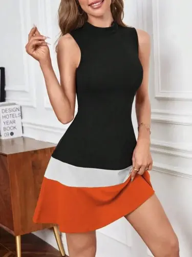 Women's Sleeveless Mock Neck Striped Detailed Imported Crepe Dress - BÜYÜKBEDENIZ (1)