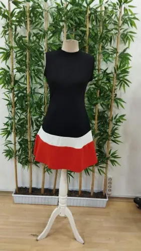 Women's Sleeveless Mock Neck Striped Detailed Imported Crepe Dress - 6