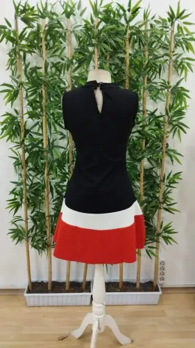 Women's Sleeveless Mock Neck Striped Detailed Imported Crepe Dress - 8