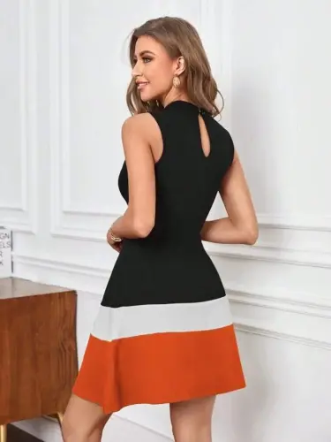 Women's Sleeveless Mock Neck Striped Detailed Imported Crepe Dress - 3