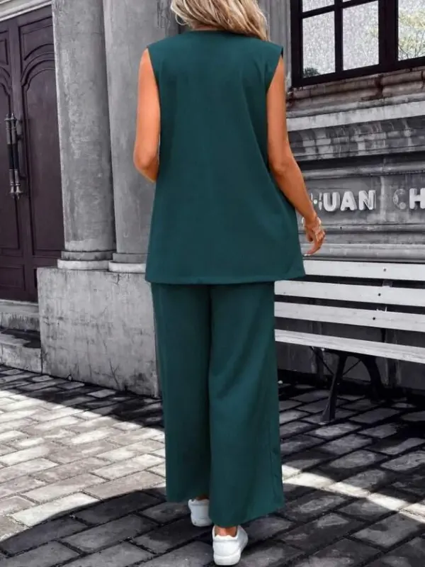 Women's Sleeveless Open Front Collared Pocketed Chiffon Crepe Vest And Trousers Two-Piece Set - 3