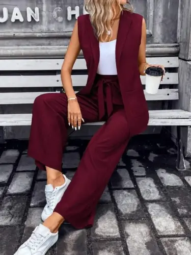 Women's Sleeveless Open Front Collared Pockets Janjan Crepe Vest and Pants Two-Piece Set - 1