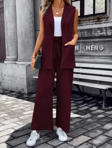 Women's Sleeveless Open Front Collared Pockets Janjan Crepe Vest and Pants Two-Piece Set - BÜYÜKBEDENIZ (1)