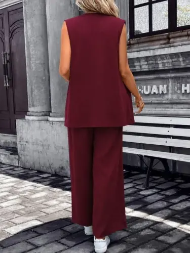 Women's Sleeveless Open Front Collared Pockets Janjan Crepe Vest and Pants Two-Piece Set - 3