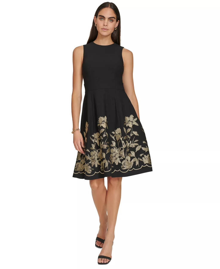 Women's Sleeveless Printed Midi Dress Black Gold - 1