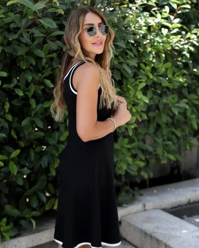 Women's Sleeveless Rib-Trimmed Neck And Hem Flared Viscose Two-Thread Dress - 3