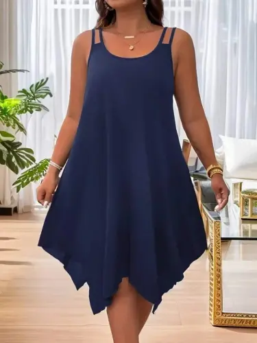 Women's Sleeveless Round Asymmetric Cut Detailed Viscose Dress - 3