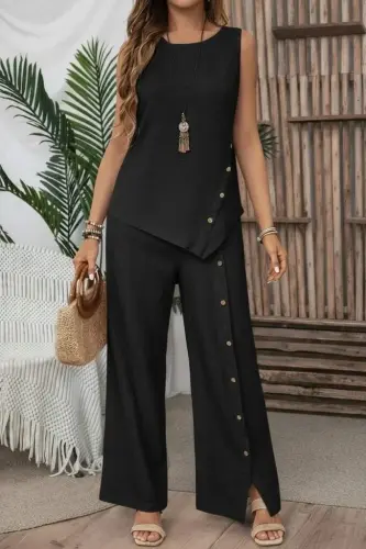 Women's Sleeveless Round Neck Asymmetric Button Detail Aerobin Blouse and Trousers Two-Piece Set - 1