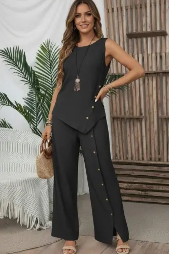 Women's Sleeveless Round Neck Asymmetric Button Detail Aerobin Blouse and Trousers Two-Piece Set - BÜYÜKBEDENIZ (1)