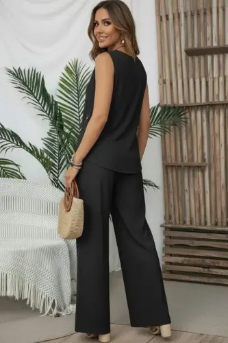 Women's Sleeveless Round Neck Asymmetric Button Detail Aerobin Blouse and Trousers Two-Piece Set - 3