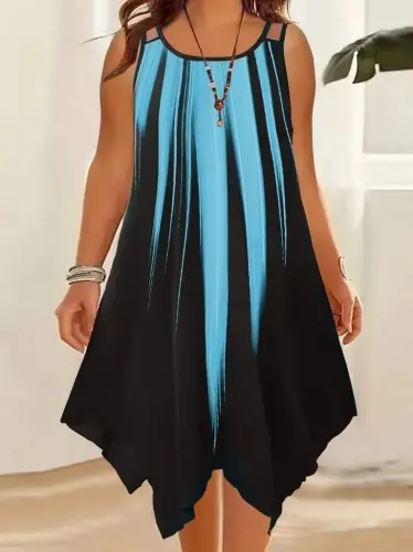 Women's Sleeveless Round Neck Asymmetrical Detailed Patterned Supreme Dress - 1