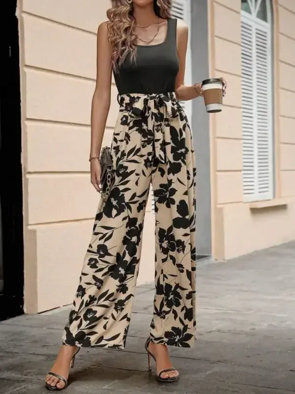 Women's Sleeveless Round Neck Belted Waist Top Viscose Bottom Scuba Jumpsuit - BÜYÜKBEDENIZ