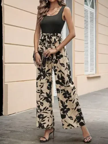 Women's Sleeveless Round Neck Belted Waist Top Viscose Bottom Scuba Jumpsuit - BÜYÜKBEDENIZ (1)