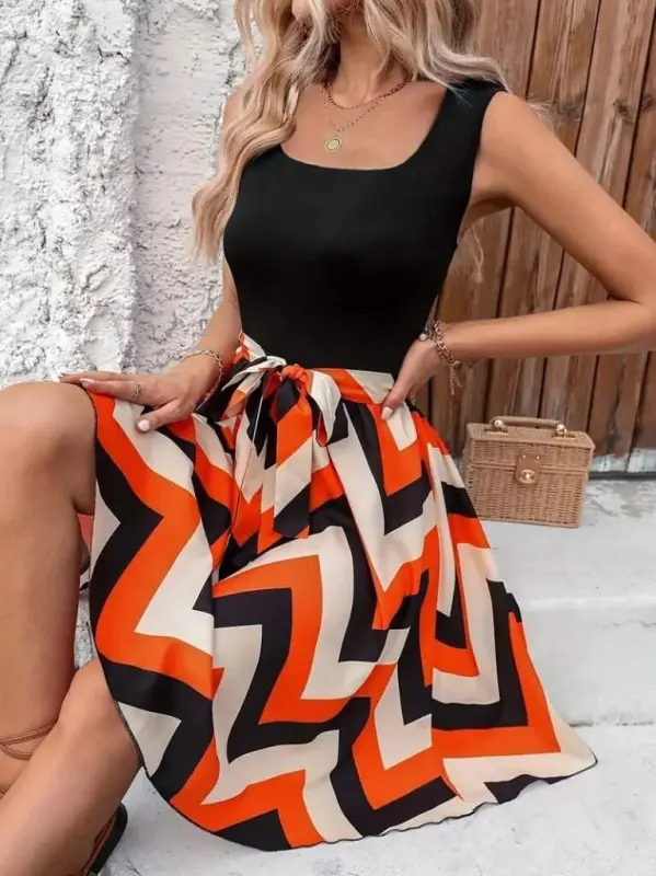 Women's Sleeveless Round Neck Belted Zigzag Patterned Supima Dress - 1