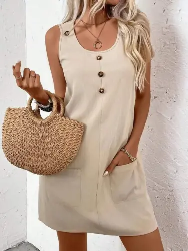 Women's Sleeveless Round Neck Button-Front Short Dress with Pocket Detail - 1