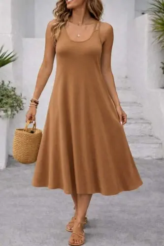 Women's Sleeveless Round Neck Flared Long Viscose Dress - 1