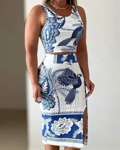 Women's Sleeveless Round Neck Floral Patterned Süprem Crop and Slit Skirt Set - 1