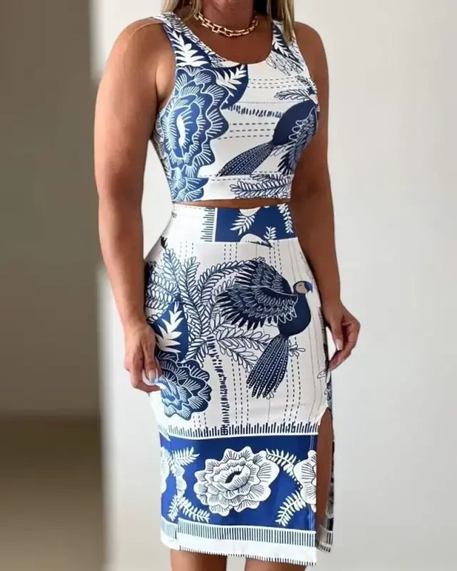 Women's Sleeveless Round Neck Floral Patterned Süprem Crop and Slit Skirt Set - 1