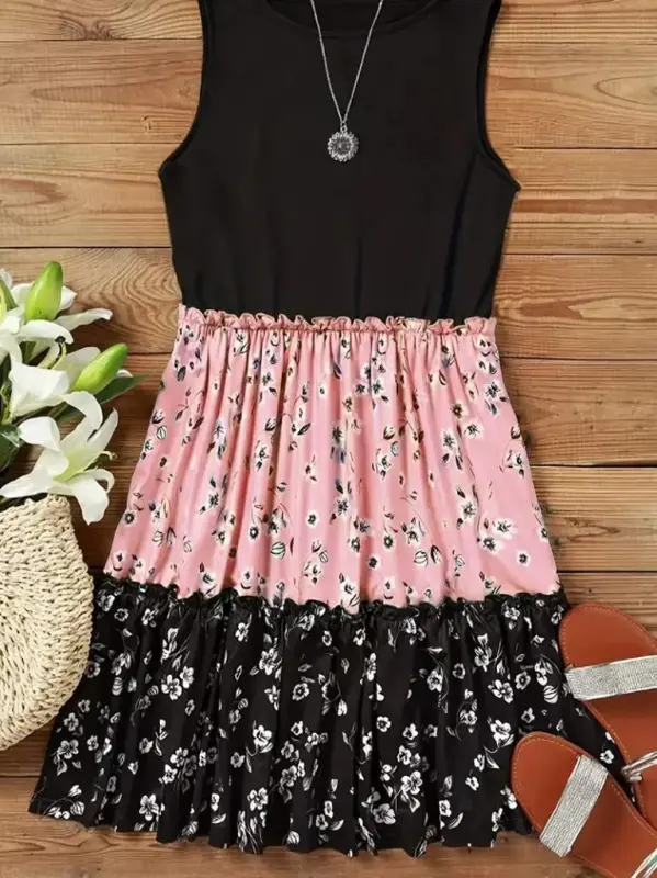 Women's Sleeveless Round Neck Floral Print Loose Fit Jersey Dress - 2