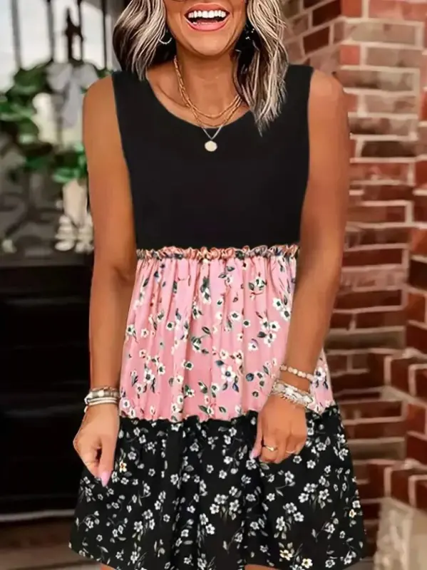 Women's Sleeveless Round Neck Floral Print Loose Fit Jersey Dress - 3