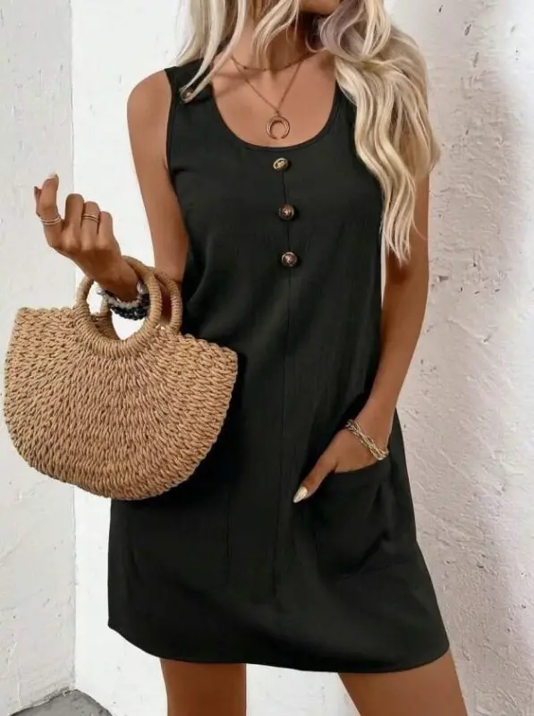 Women's Sleeveless Round Neck Front Buttoned Pocket Detailed Short Dress - BÜYÜKBEDENIZ