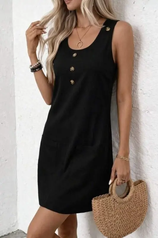 Women's Sleeveless Round Neck Front Buttoned Pocket Detailed Short Dress - 2