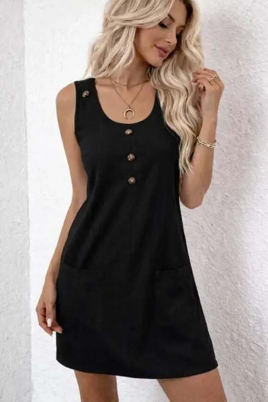 Women's Sleeveless Round Neck Front Buttoned Pocket Detailed Short Dress - 3