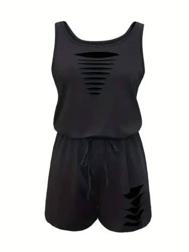 Women's Sleeveless Round Neck Laser Cut Detailed Lace-up Short Viscose Jumpsuit - 4