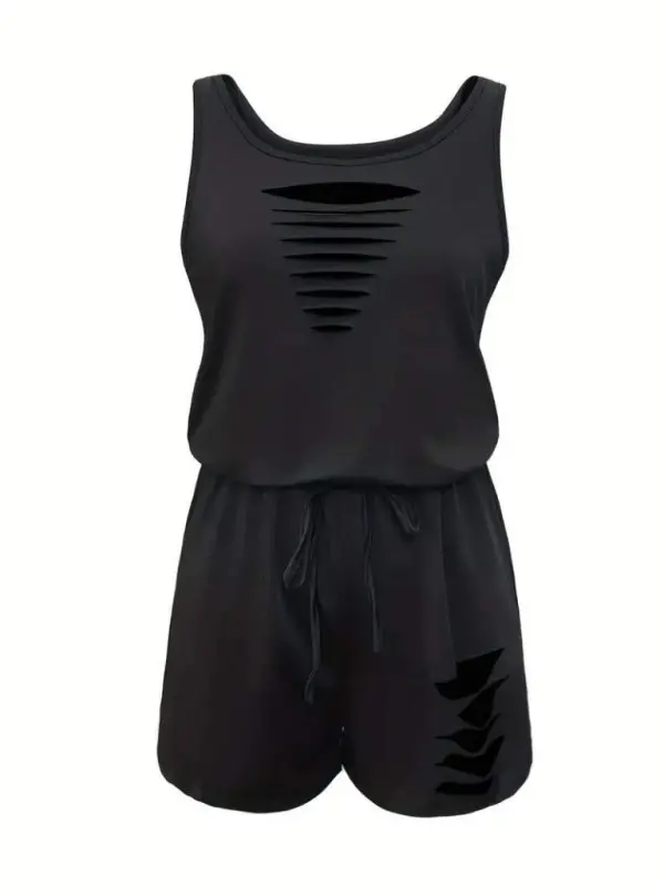 Women's Sleeveless Round Neck Laser Cut Detailed Lace-up Short Viscose Jumpsuit - 4