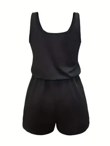 Women's Sleeveless Round Neck Laser Cut Detailed Lace-up Short Viscose Jumpsuit - 5