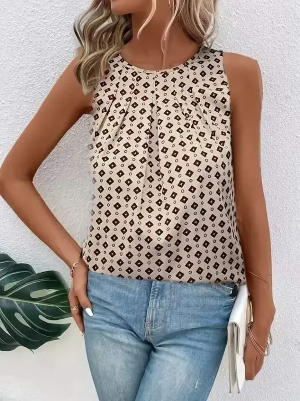 Women's Sleeveless Round Neck Patterned Supima Blouse - 1