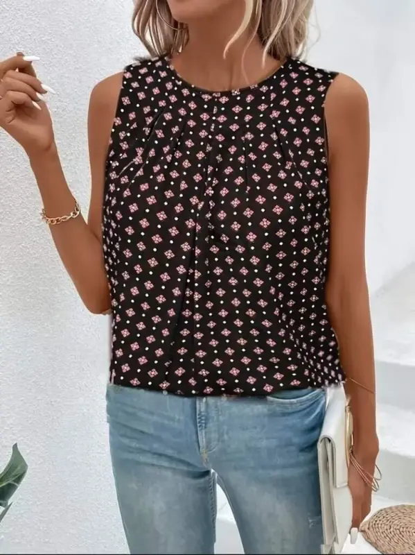 Women's Sleeveless Round Neck Patterned Supima Blouse - BÜYÜKBEDENIZ