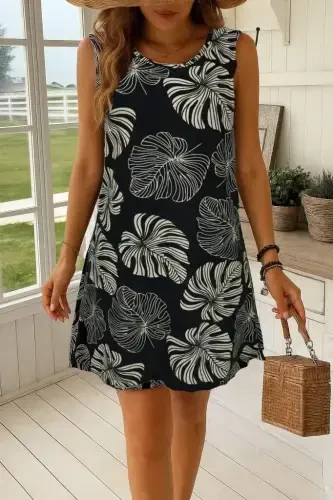 Women's Sleeveless Round Neck Patterned Supreme Dress - 3