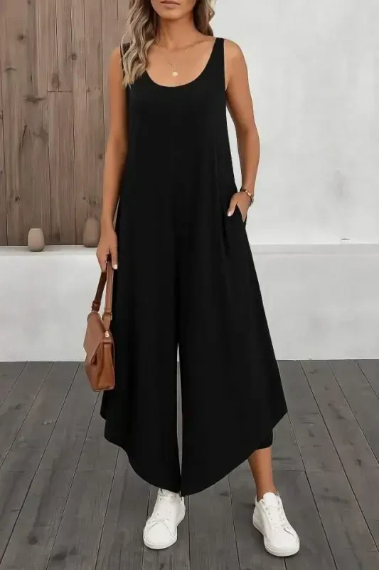 Women's Sleeveless Round Neck Pocketed Loose Long Viscose Jumpsuit - BÜYÜKBEDENIZ