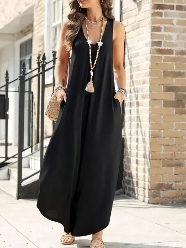 Women's Sleeveless Round Neck Pocketed Loose Long Viscose Jumpsuit - 1